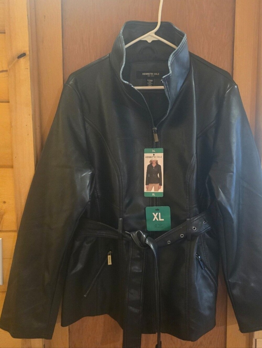 New with tags Kenneth Cole XL black faux leather belted pocketed coat jacket